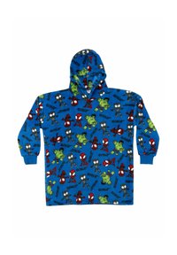 Felpa in pile blu con cappuccio, caratterizzata da colorati personaggi e loghi di supereroi in rosso, verde e nero su uno sfondo blu vivace.