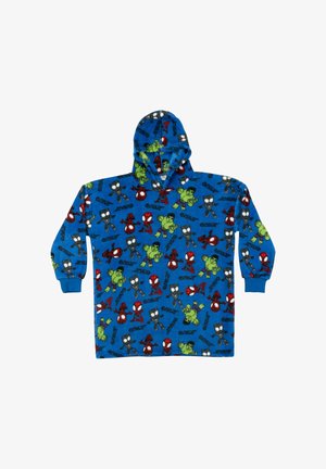 Felpa in pile blu con cappuccio, caratterizzata da colorati personaggi e loghi di supereroi in rosso, verde e nero su uno sfondo blu vivace.