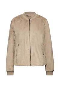 Beige fuskpäls bomberjacka med dragkedja fram, två sidofickor, ribbade ärmmuddar och ståkrage. Mjuk textur med en slät yta.