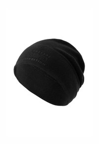 Black fleece beanie with a soft texture, featuring a folded edge and embossed brand logo for a snug fit and warmth.