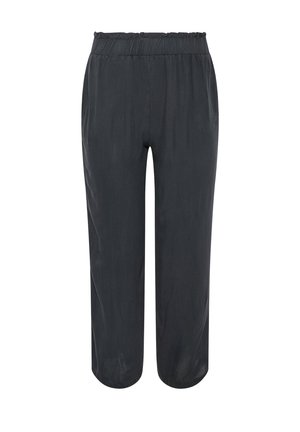 Pantalon noir court à jambes larges avec ceinture élastique et sans poches ni fermetures visibles, présenté sur fond blanc.
