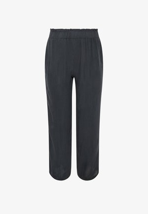 Pantalon noir court à jambes larges avec ceinture élastique et sans poches ni fermetures visibles, présenté sur fond blanc.