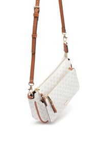 Kabelka přes tělo z světle šedé látky s raženým vzorem, dvěma přihrádkami na zip, hnědými koženými doplňky a nastavitelným popruhem.