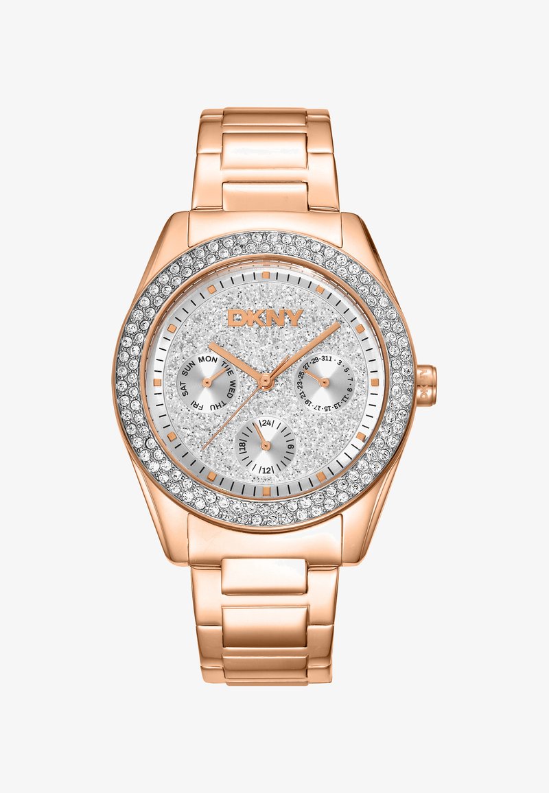 DKNY roségouden horloge met een zilveren sprankelende wijzerplaat, drie subwijzers, een met kristallen bezette bezel en een metalen schakelband.