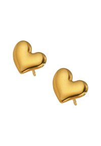Pendientes de botón en forma de corazón dorado con un acabado suave y pulido, y una base con pasador para un uso seguro.