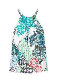Sleeveless top made of lightweight fabric featuring a multicolored geometric pattern in turquoise, green, red, and black on a white background.