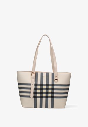 Sac fourre-tout beige avec doubles anses, présentant un motif à carreaux gris et noir et un petit logo doré "pierre cardin" sur le devant.