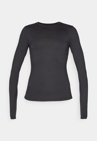 Schwarzes, figurbetontes Langarm-Shirt mit Rundhalsausschnitt und glatter Textur, flach auf einem weißen Hintergrund präsentiert.