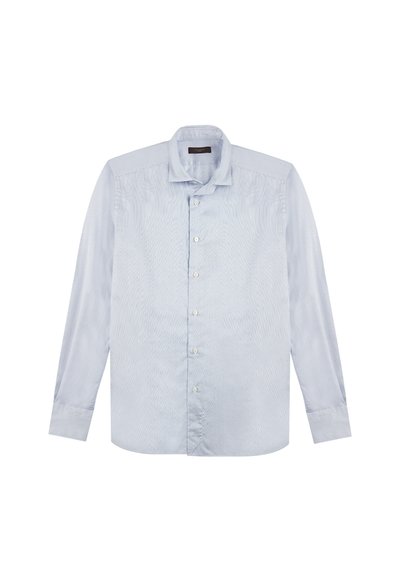 Lichtblauw lange mouwen shirt met een subtiele gestreepte patroon, knoopsluiting aan de voorkant en een klassieke kraag. Glad stoftextuur.
