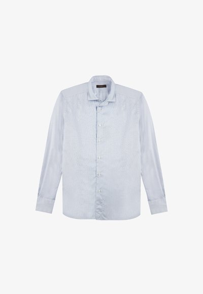 Lichtblauw lange mouwen shirt met een subtiele gestreepte patroon, knoopsluiting aan de voorkant en een klassieke kraag. Glad stoftextuur.