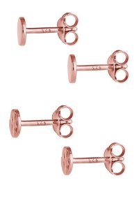 Rožu zelta auskari ar apaļu pamatu un divkāršas cilpas dizainu. Iekļauts zīmogs "925", kas norāda uz sudrabu. Gluda, pulēta virsma.