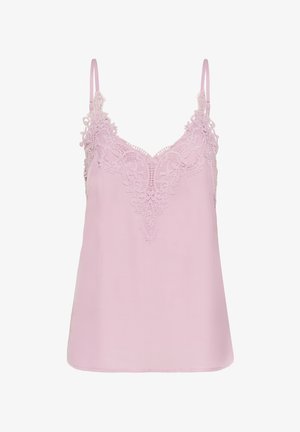 Hele roosa varrukateta kampsun reguleeritavate rihmade ja keeruka lillelise pitsiga V-kaelusel ning ülemisel rinnal.