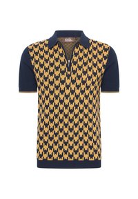 Short-sleeve polo in navy and mustard, featuring a repeating geometric pattern, half-zip closure, and ribbed edges.