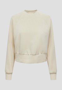 Sudadera corta color crema con dobladillo acanalado, cuello redondo y mangas raglán. Textura suave y diseño sencillo.