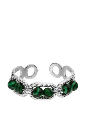 Silver cuff bracelet with twisted design featuring six round green and black striped beads evenly spaced around the band.