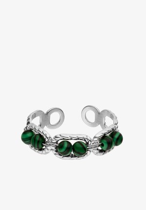 Silver cuff bracelet with twisted design featuring six round green and black striped beads evenly spaced around the band.