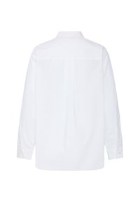 Vue de dos d'une chemise blanche unie à manches longues avec col, ourlet droit et poignets boutonnés. Aucun logo ni motif visible.