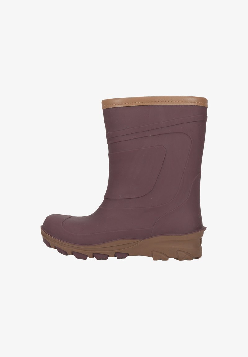 Botte en caoutchouc violette avec une garniture supérieure marron, surface texturée et semelle robuste. Présente une forme épurée et une zone de renforcement au niveau des orteils.