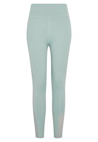 Leggings verde menta con una texture liscia, vita alta e pannelli in rete sugli stinchi. Progettati per comfort e flessibilità.