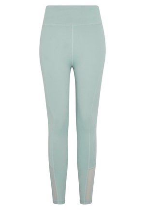 Mintgrønne leggins med en glat tekstur, høj talje og mesh-paneler på de nederste ben. Designet til komfort og fleksibilitet.