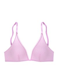 Roze beha met stippen, driehoekig ontwerp, zachte stof, verstelbare schouderbanden en delicate gegolfde afwerking langs de randen.