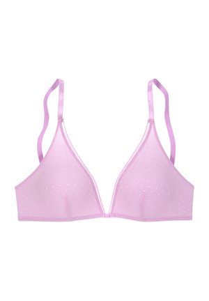 Roze beha met stippen, driehoekig ontwerp, zachte stof, verstelbare schouderbanden en delicate gegolfde afwerking langs de randen.