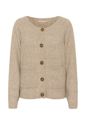 Beige gestrickte Strickjacke, runder Ausschnitt, fünf braune Knöpfe, zwei Fronttaschen, weiche Textur, gerippte Bündchen und Saum.