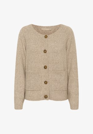 Beige knitted cardigan, round neckline, five brown buttons, two front pockets, soft texture, ribbed cuffs and hem.