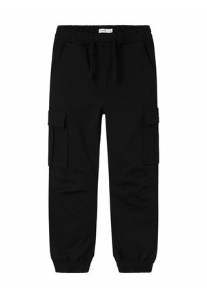 Pantaloni cargo neri realizzati in tessuto morbido, con cintura elastica, tasche laterali e polsini affusolati per una vestibilità confortevole.