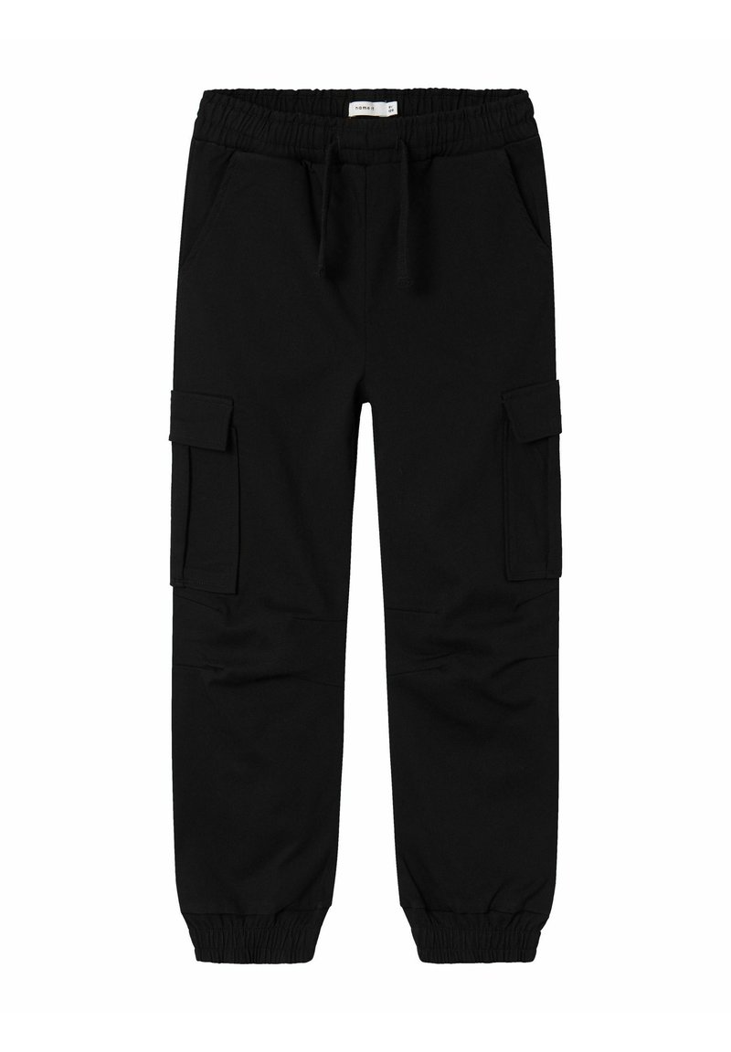 Pantaloni cargo neri realizzati in tessuto morbido, con cintura elastica, tasche laterali e polsini affusolati per una vestibilità confortevole.