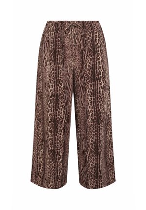 Pantalon large court avec imprimé léopard marron et beige, taille élastique et lien à nouer à l'avant.