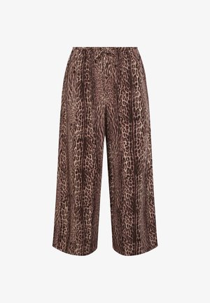 Weit geschnittene, kurze Hosen mit braun-beigem Leopardenmuster, elastischem Bund und vorn mit Kordelzug zum Binden.