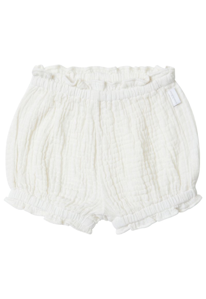 Shorts en coton blanc avec une texture froissée, taille élastique et ourlet à volants. Conçus pour le confort et la liberté de mouvement.