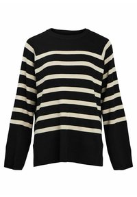 Maglione a righe nere e crema con scollatura a girocollo, maniche lunghe e vestibilità rilassata. Realizzato in un morbido tessuto lavorato a maglia.