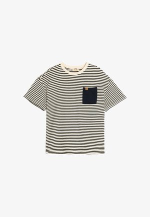 Striped t-shirt with navy and cream horizontal stripes, features a navy pocket on the left chest, and a crew neckline. Cotton material.