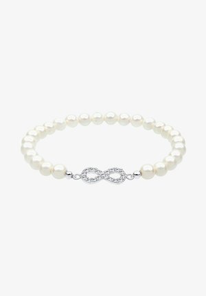 Weißes Perlenarmband mit einem silbernen Unendlichkeitsschluss und Edelsteinakzenten. Rundperlen haben eine glatte, glänzende Oberfläche.