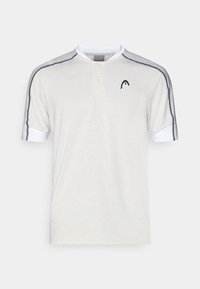 Polo de manga corta en algodón gris claro, con un collar blanco, tapeta de dos botones y rayas en gris oscuro en los hombros.