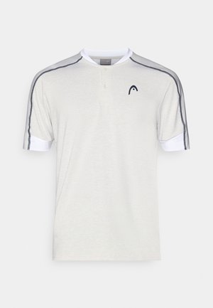 Short-sleeve polo shirt in light gray cotton, featuring a white collar, two-button placket, and dark gray accent stripes on the shoulders.