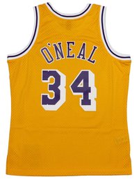 Gelbes Basketballtrikot aus Netzgewebe mit lila Akzenten. Auf der Rückseite steht der Name "O'NEAL" und die Nummer "34" in großen weißen Blockbuchstaben.