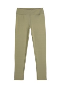Leggings vert olive en tissu lisse et élastique, dotés d'une taille large et d'une construction sans couture pour le confort.