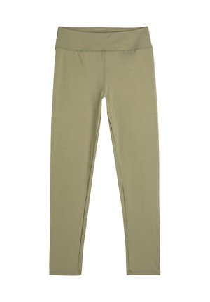 Leggings verde oliva hechos de un tejido suave y elástico, con una cinturilla ancha y una construcción sin costuras para mayor comodidad.