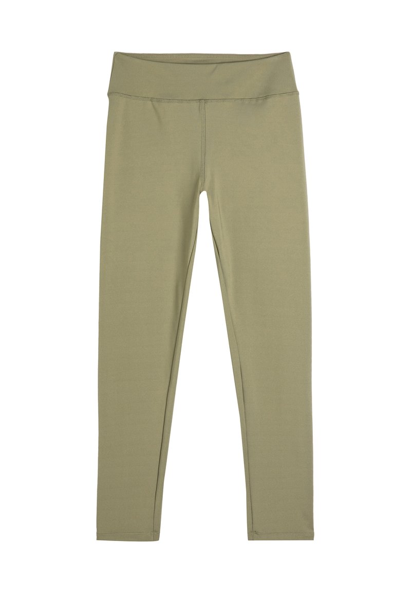 Leggings vert olive en tissu lisse et élastique, dotés d'une taille large et d'une construction sans couture pour le confort.