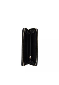 Portafoglio nero con zip, dotato di più slot per carte e un compartimento centrale con zip, caratterizzato da una zip in tonalità oro e una finitura morbida e texture.