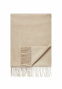 Beige uldekrans med blød tekstur, der har frynseudsmykninger langs den ene kant og et enkelt, foldet design.