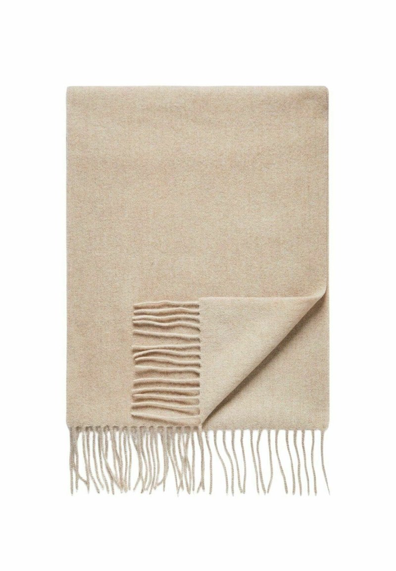 Beige uldekrans med blød tekstur, der har frynseudsmykninger langs den ene kant og et enkelt, foldet design.