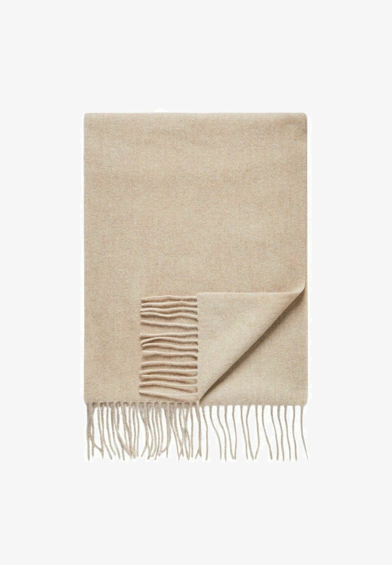 Beige uldekrans med blød tekstur, der har frynseudsmykninger langs den ene kant og et enkelt, foldet design.