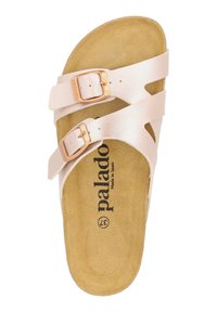 Helle rosa, zweibändige Riemensandale mit verstellbaren metallischen Schnallen, veloursähnlicher Innensohle und geprägtem Branding auf dem Fußbett.