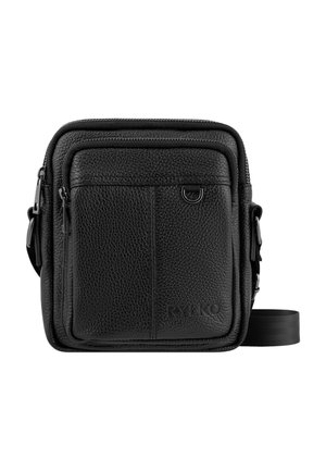 Kompaktowa czarna skórzana torba na ramię z wieloma zamykanymi na zamek kieszeniami i regulowanym paskiem.