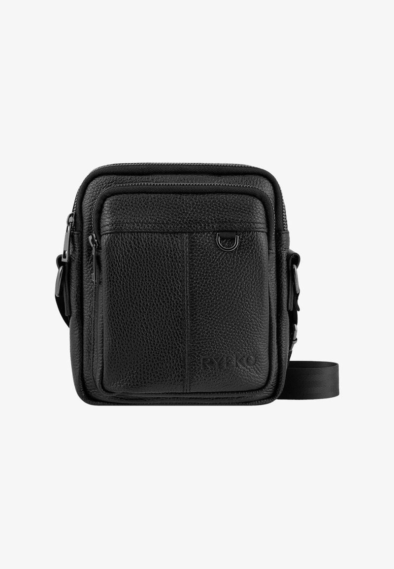 Bolso de hombro compacto de cuero negro con múltiples compartimentos con cremallera y una correa ajustable.