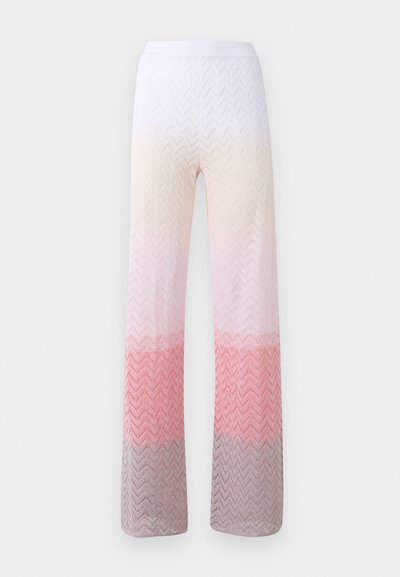 Knitted wide-leg pants featuring a herringbone pattern, transitioning from white to light pink and lavender at the hem. Stretchy waistband.